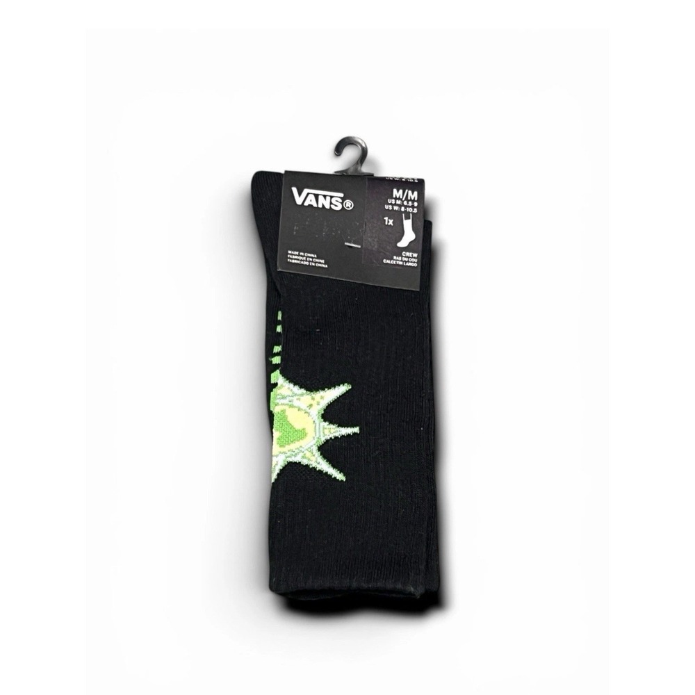 Vans Black Crew Socks Unisex Sz Medium Men 6.5-9 Women 8-10.5 Green Sun Graphic‎